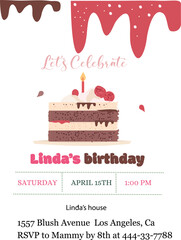  let's celebrate cute children birthday invitation,cartoon style birthday invitation with cake. Birthdat party  greeting card   with cupcake