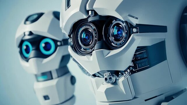 Close up of a futuristic robot head showcasing intricate camera lenses and circuitry, evoking themes of artificial intelligence, advanced technology, and the future of robotics
