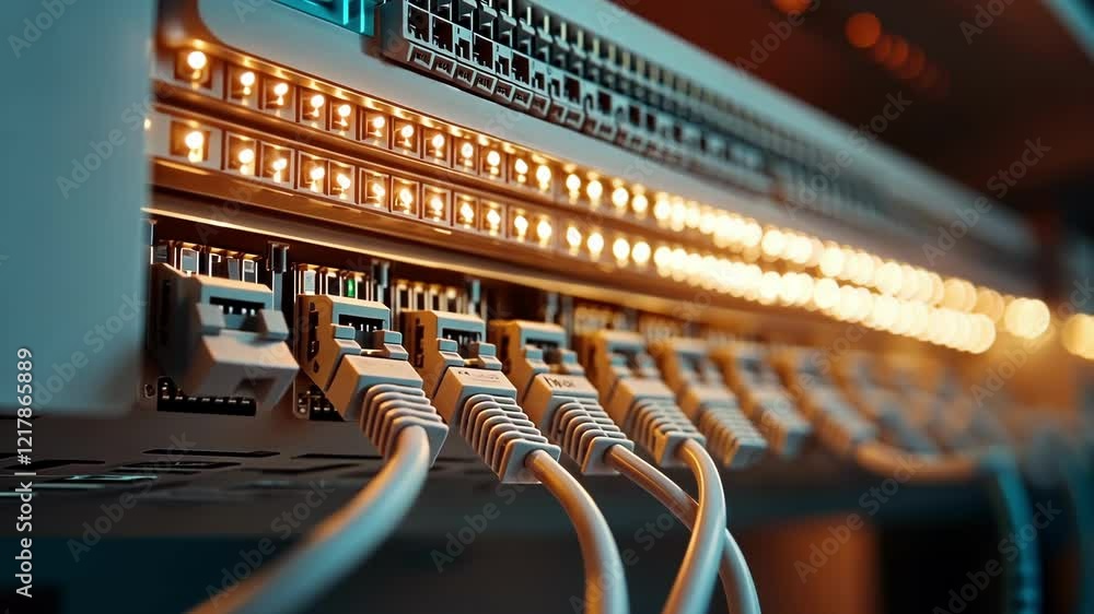 Aufkleber ethernet cables connected to a network switch are flashing, indicating data transfer within a data c