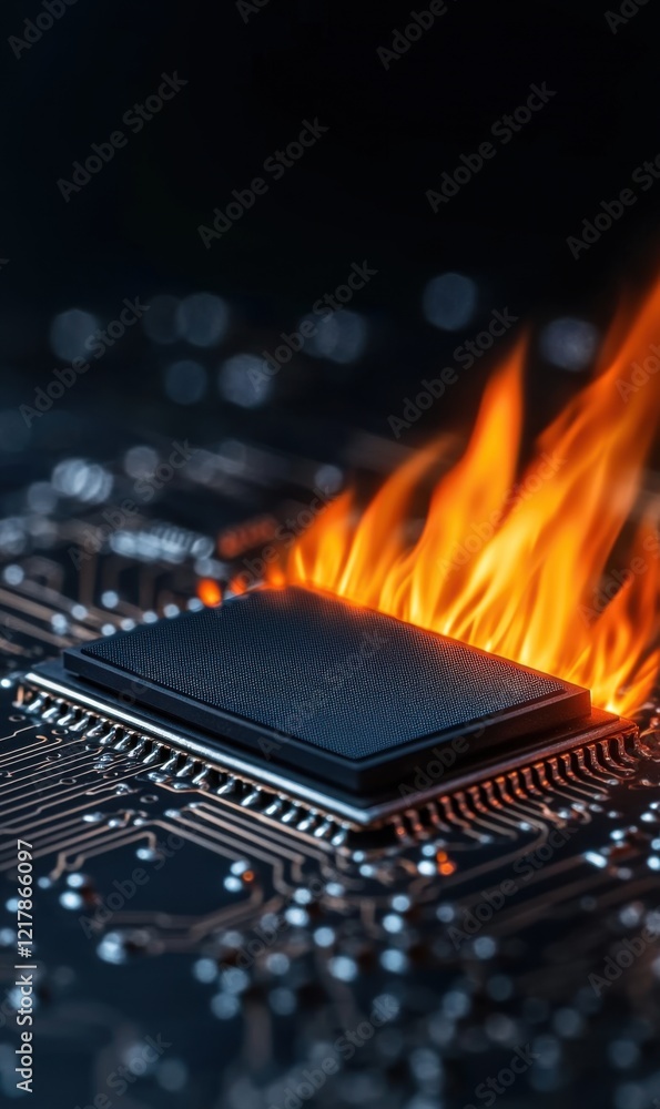 Aufkleber abstract representation of computer chip with flames illustrating overheating and technological fail