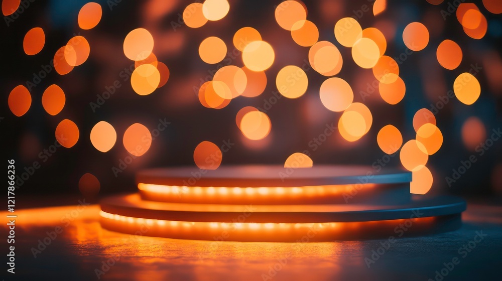 Poster illuminated three tiered platform against a bokeh background