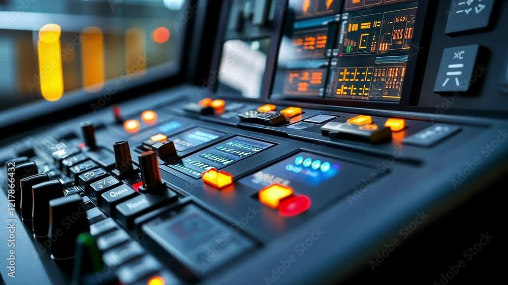 Poster professional control panel with illuminated buttons and digital display showing data and information