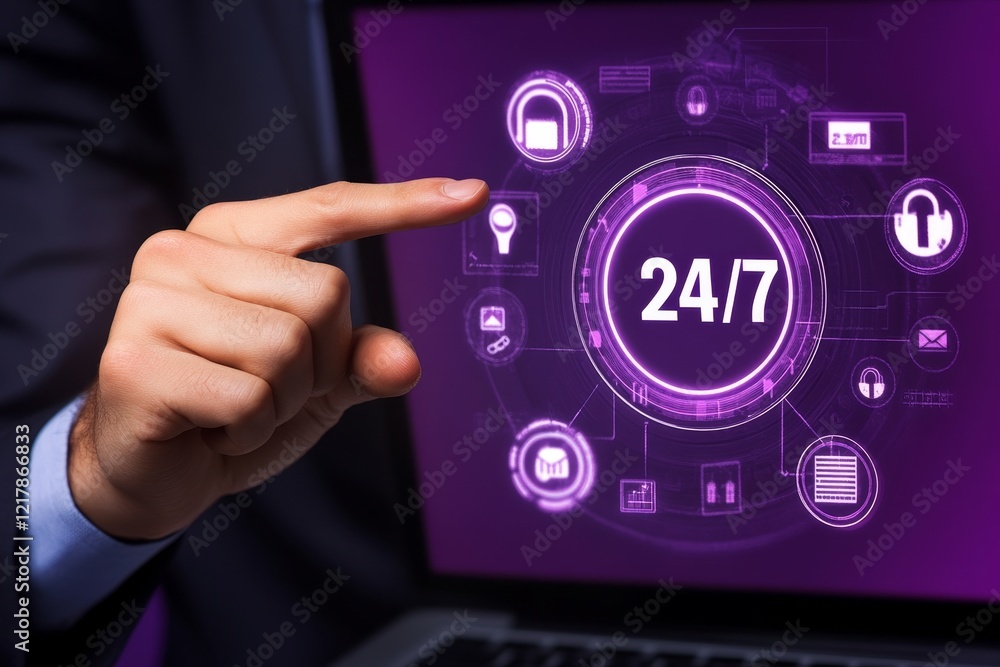 Poster a businessman operates a button for 24/7 online service via computer and media