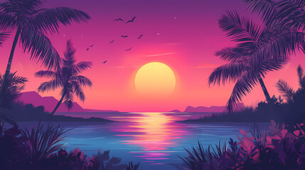 Oasis at sunset. Sunset Oasis. Illustration