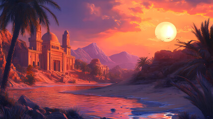 Oasis at sunset. Sunset Oasis. Illustration