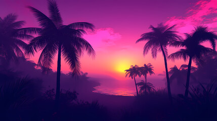 Obraz premium Palm trees silhouetted against a sunset in los angeles stock photo the purple and pink hues of the sunset create a tranquil oasis across the sky. Sunset Oasis. Illustration