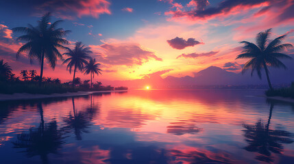 Serene oasis in a desert at sunset with palm trees and tranquil waters reflecting colorful skies. Sunset Oasis. Illustration