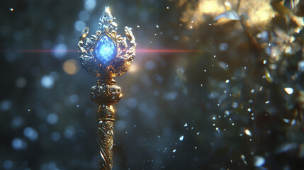 Pink sword with crystals on it. Scepter, stones, blurred, background jewels, glare, light, color. Glare light from a piercing piercing reflects color the jewels. A scepter of lifestyle light stones.