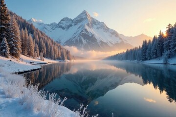 Frosty morning light on Zugspitze reflected in Seebensee lake, gold, water, rifles