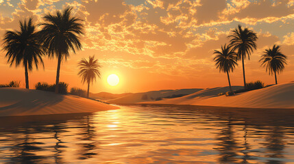 Serene sunset over a tranquil oasis in the desert landscape with golden sand dunes and palm trees at twilight. Sunset Oasis. Illustration