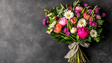   A grey background features a bouquet of flowers with a grey ribbon tied in a bow