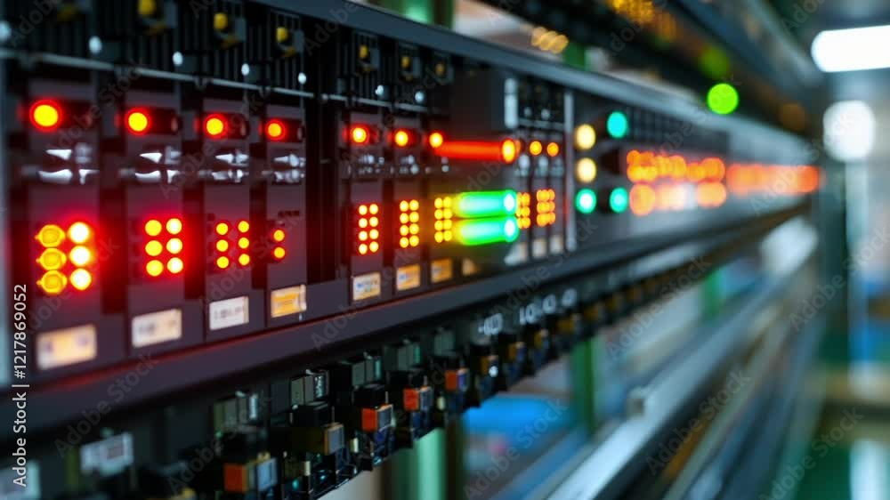 Poster close up view of a server rack with blinking led lights, indicating data processing and storage acti