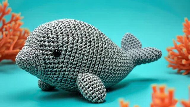 Crocheted dugong toy vibrant backdrop, handcrafted and adorable, Ai Generated