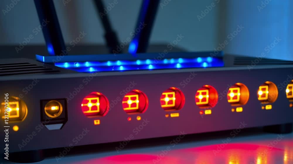 Poster close up of a wireless internet router with flashing led lights indicating network activity in a dim