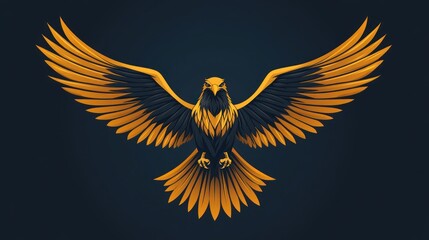 Golden eagle soaring, wings spread, dark background, logo design
