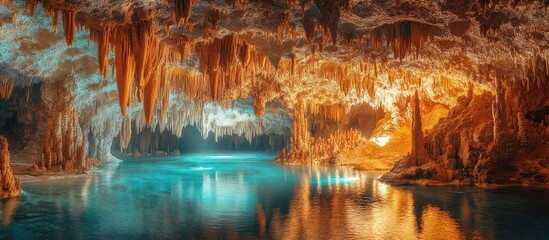 Captivating subterranean cavern with glistening stalactites and stalagmites reflected in a tranquil underground lake creating a mesmerizing and ethereal natural wonder