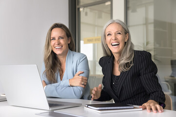 Joyful businesswomen having fun seated at desk with laptop, laughing seated at desk with laptop,...