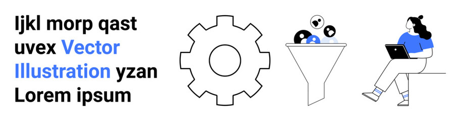 Text elements, gear icon, people going through funnel, person working on laptop. Ideal for marketing, business strategy, technology, workflow, data processing, digital marketing, and productivity