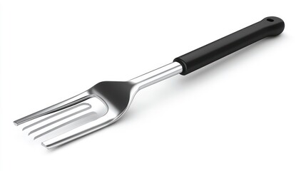 Fototapeta premium Long stainless steel meat fork on a white background, barbecue utensil.