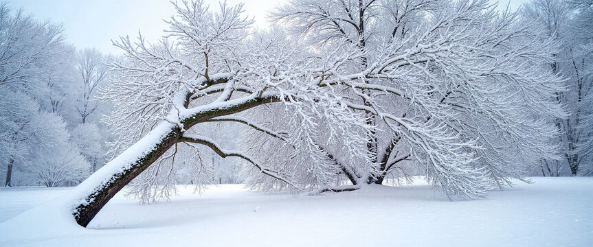 Frost-covered tree bending gracefully in a pristine winter landscape, evoking a serene and tranquil atmosphere, symbolizing resilience and adaptability in nature