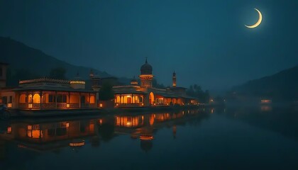 Fototapeta premium Illuminated Mosque Lakeside Night Crescent Moon