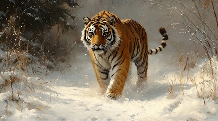 Obraz premium Siberian tiger walking snowy forest winter wildlife nature