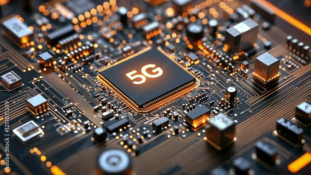 Poster glowing 5g chip illuminating complex circuitry on a motherboard, representing advancements in mobile