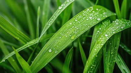 Close-Up of Fresh Green Grass Blades with Dew Drops in Morning Light Highlighting Nature's Beauty and Serenity
