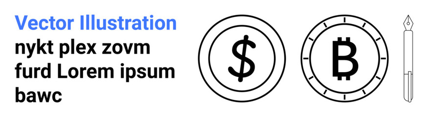 Two cryptocurrency icons a dollar symbol and a Bitcoin symbol beside a pen. Ideal for digital finance, cryptocurrency, blockchain, online banking, fintech, financial planning, modern finance. Landing