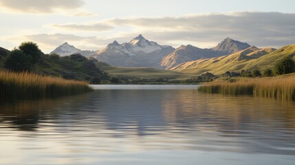 Naklejka premium Serene Lake Reflections with Mountains in Twilight Light