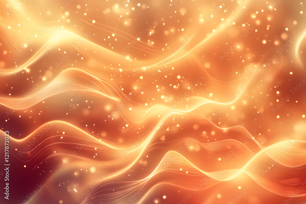 Poster abstract orange and gold wave pattern with illuminated particles