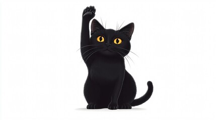 Adorable Black Cat Raising Paw in Centered Wide Angle Shot