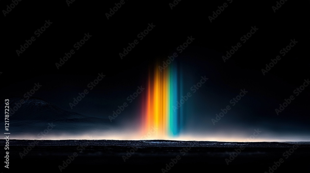 Poster an image featuring a dark backdrop with a vibrant rainbow band in the center, while a distant mounta