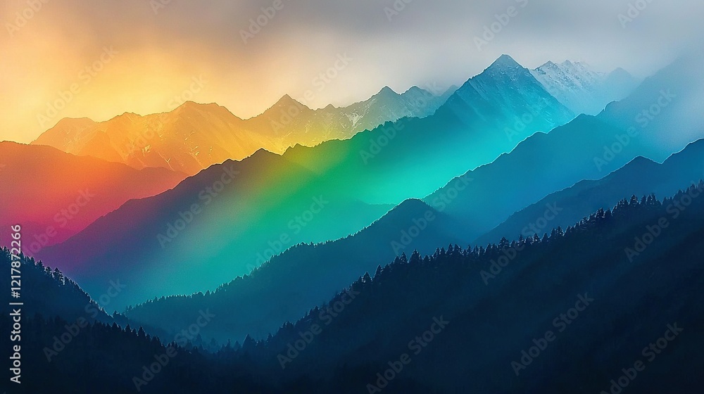 Poster a mountain range with a rainbow-colored sky in the background and trees in the foreground