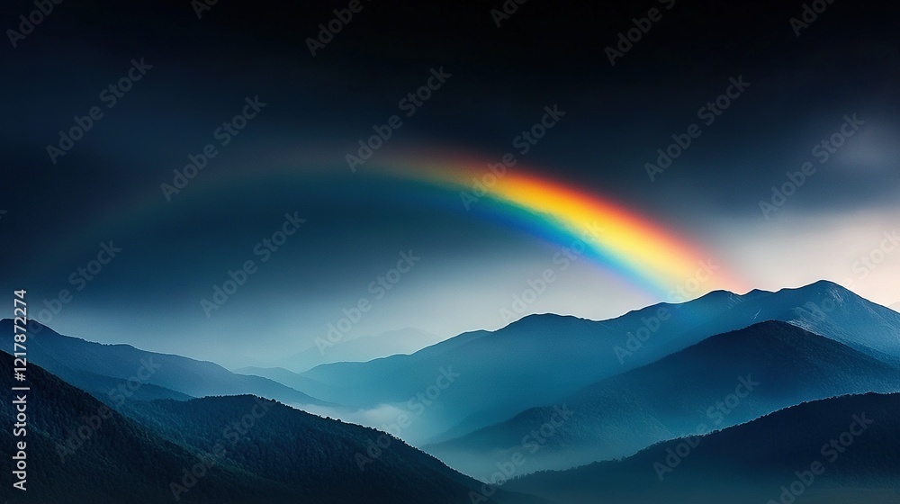 Poster a rainbow glimmers in the black sky over a mountain array with a rainbow in its midst