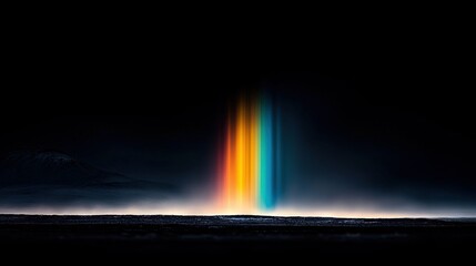 Naklejka premium An image featuring a dark backdrop with a vibrant rainbow band in the center, while a distant mountain range with misty clouds in the foreground is visible