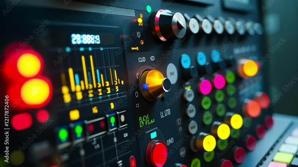 Poster close up view of a professional mixing console with peak levels and vibrant lights, capturing an act