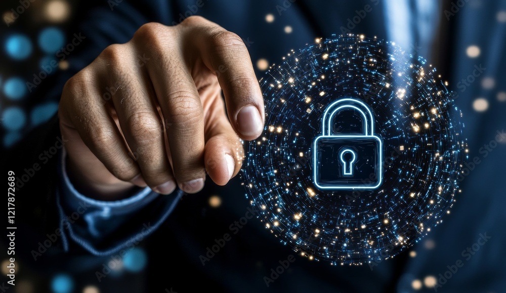 Aufkleber a businessman employs a fingerprint scan for biometric authentication to unlock security measures in
