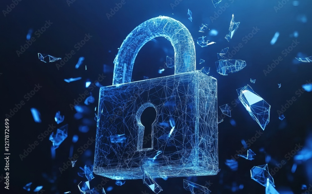 Poster a modern take on the cyber unlock security concept includes a lock represented by lines and triangle