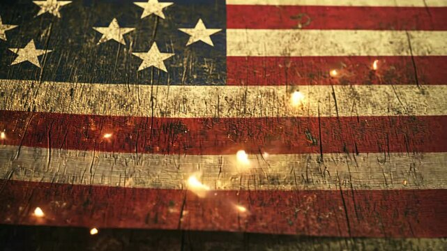 Weathered American flag with sparkling effects on a rustic wooden surface displays patriotism and history