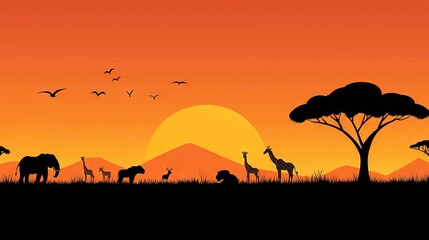   Giraffes and zebras silhouette on orange sky during sunset
