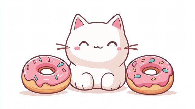 Adorable Little Cat Enjoying Donuts in Kawaii Style Wide Angle Shot