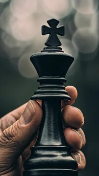 Hand holding a black chess king piece against a blurred background in a strategic moment of a game