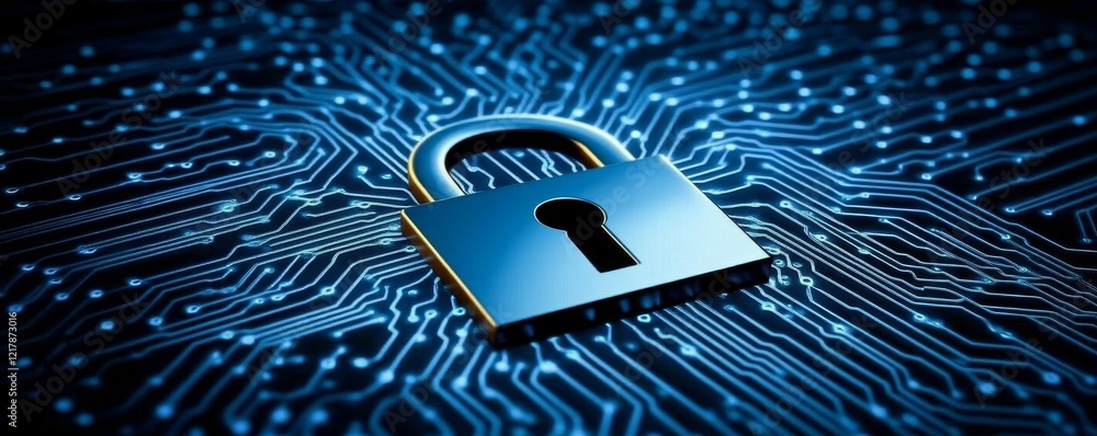 Poster illustration of an abstract cyber security concept with a technological backdrop, focusing on safegu