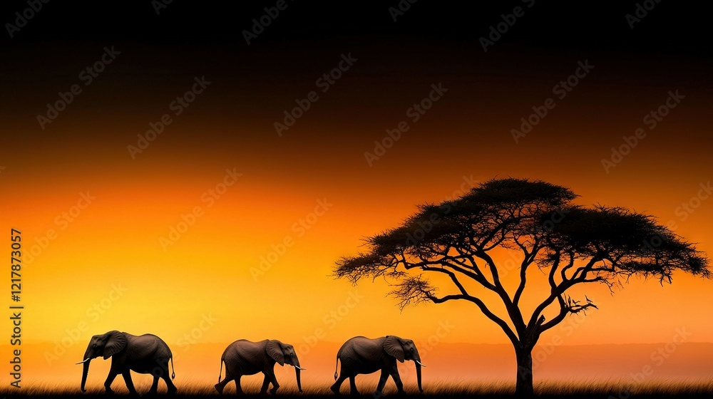 Poster a group of elephants stroll in front of a tree with the sun setting behind them