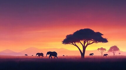   A group of elephants strolls through a field green, beneath a sky purplish-orange, with a tree nearby