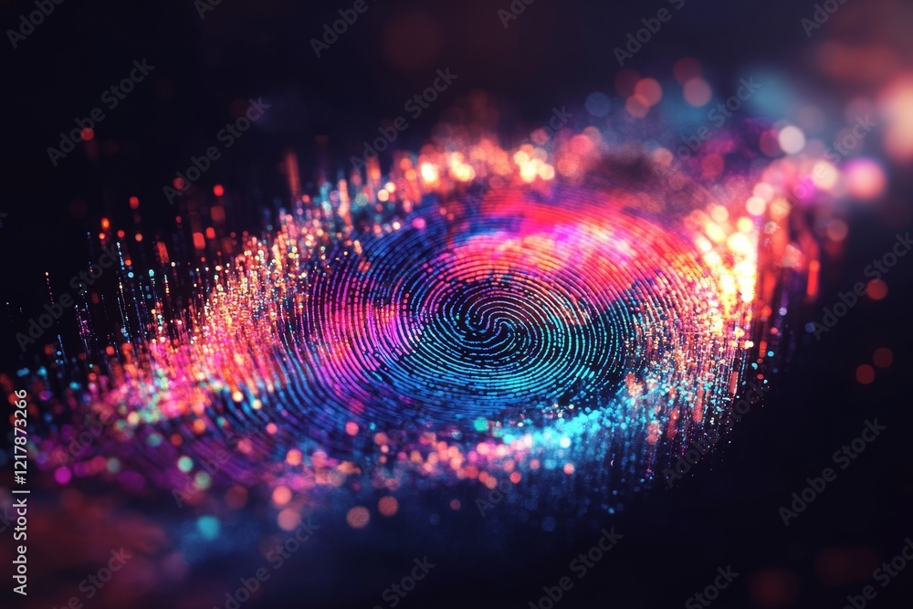 Poster a detailed macro view of an enchanting, multi-colored abstract fingerprint superimposed on a rich ba