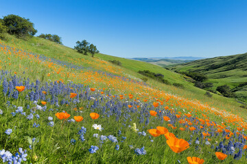 Fototapeta premium Wide view of a hillside with blooming wildflowers—daisies, bluebells, and poppies—under a bright blue sky. Ideal for advertising or banners with negative space for text overlays.