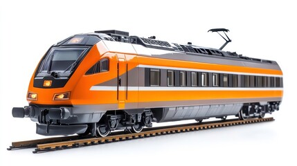 Naklejka premium Modern passenger train in orange and gray, isolated on white background.