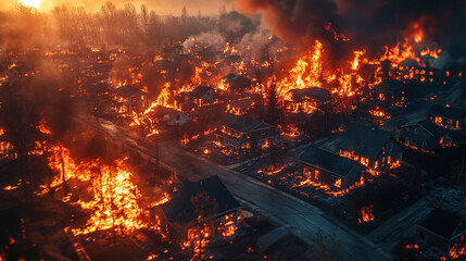 Aerial view of suburban houses engulfed in wildfire flames symbolizing chaos destruction and environmental crisis in a minimalistic bright tone with modern blurred empty blank caption space on the sid
